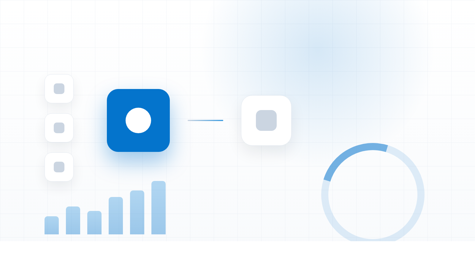 An abstract diagram in brand blue and grey: three data inputs feeding a highlighted decision node that connects to a single outcome, over faint bar and ring shapes.
