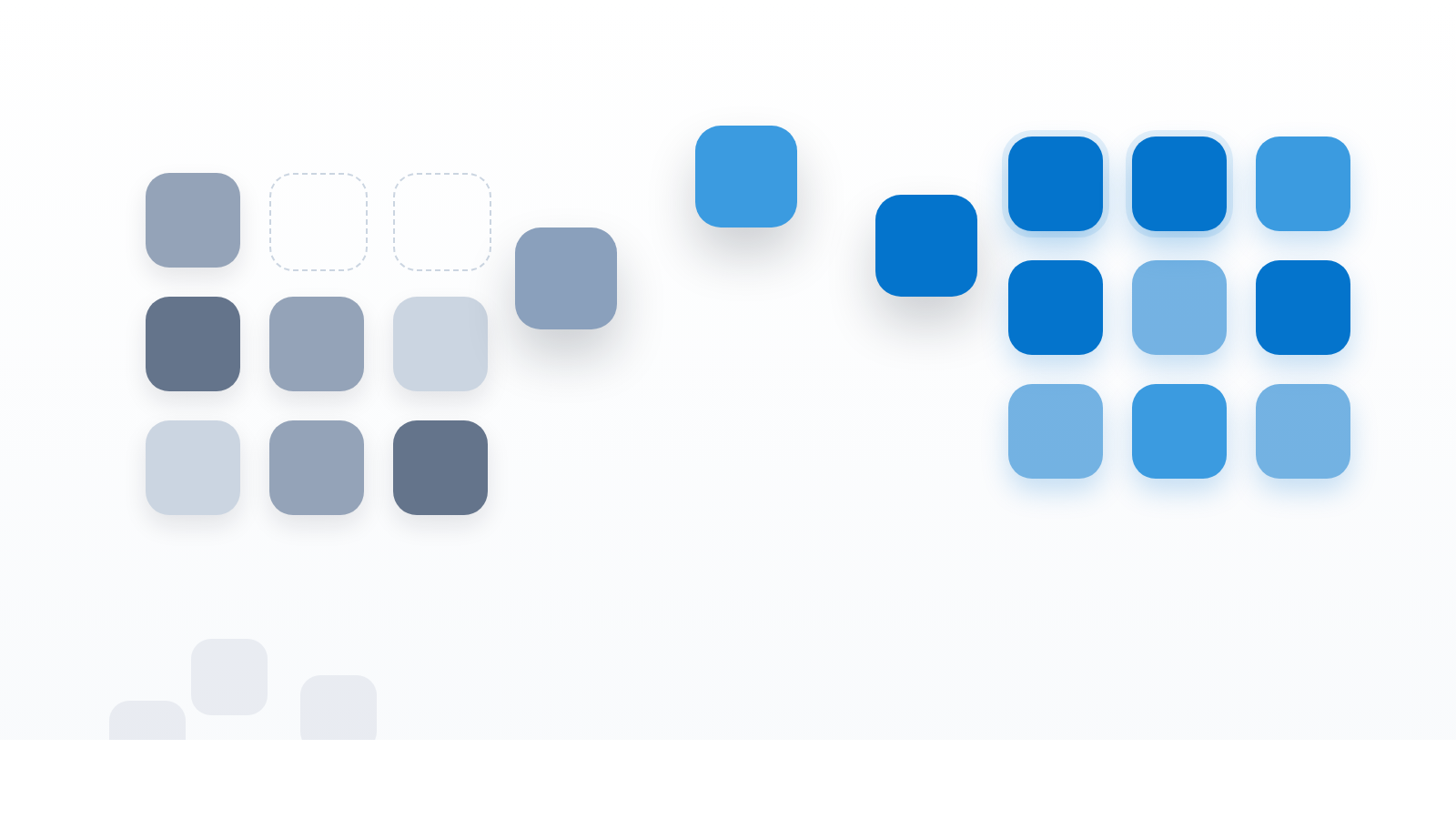Abstract composition on a pale background: a cluster of grey rounded tiles on the left with a small group lifting on an arc and shifting to brand blue, settling into a blue cluster on the right, suggesting items reclassified from one category to another.