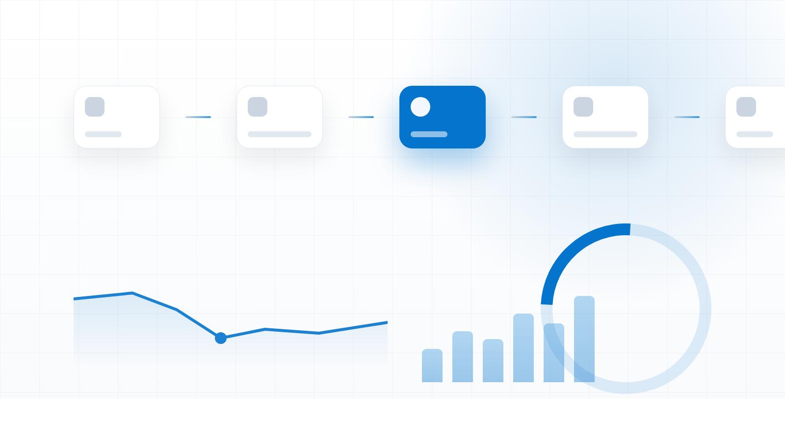 An abstract dashboard motif in brand blue: a row of KPI tiles with one highlighted, a price index line that dips then steadies, and a small bar chart with a progress ring.