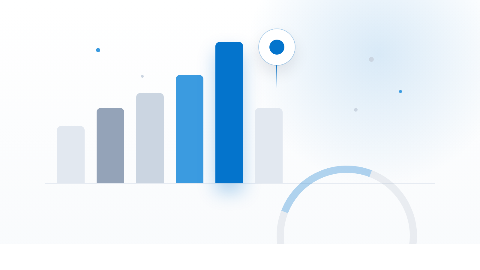 An editorial graphic of ascending rounded bars on a faint grid, the tallest bar in brand blue topped by a circular marker, with a quiet arc low in the frame.