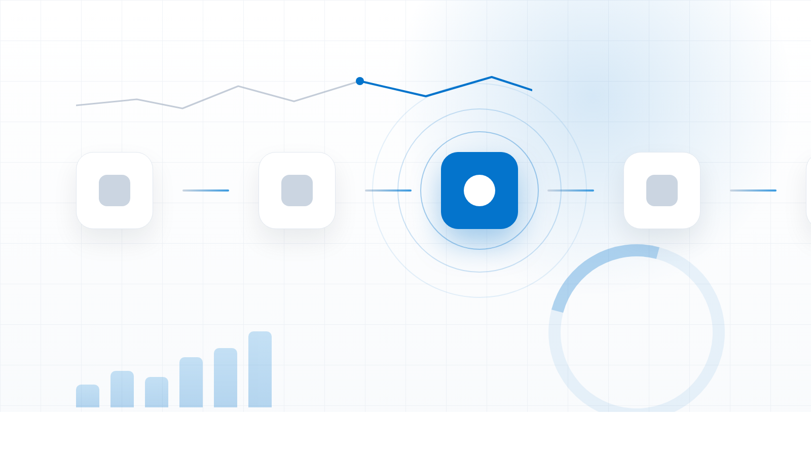 An abstract data pipeline of connected nodes flowing left to right, with one node highlighted in brand blue as a signal being watched.