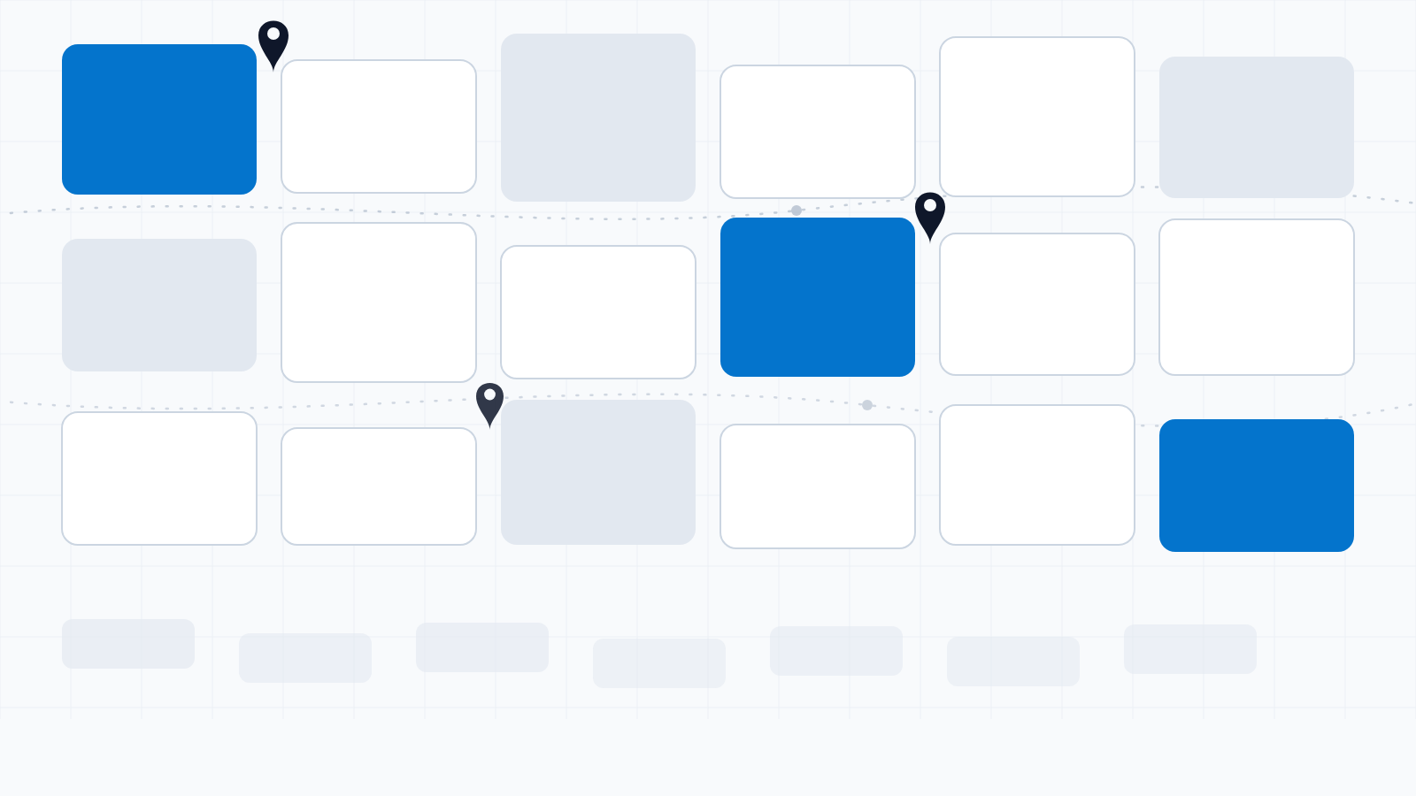 An abstract mosaic of rounded listing-tile cards in white, pale grey and brand blue arranged in a loose grid, with two small map-pin glyphs and two quiet dotted route lines threading between the rows, thinning to a sparser, quieter row of tiles at the bottom.