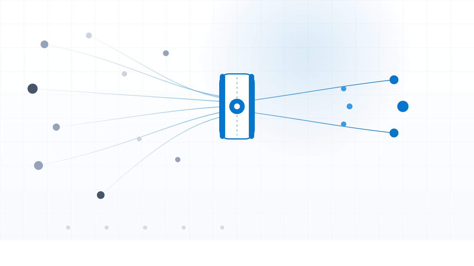 A wordless conceptual graphic of data points flowing through a checkpoint gate, with a brand blue accent on ink and slate grey shapes over a pale background.