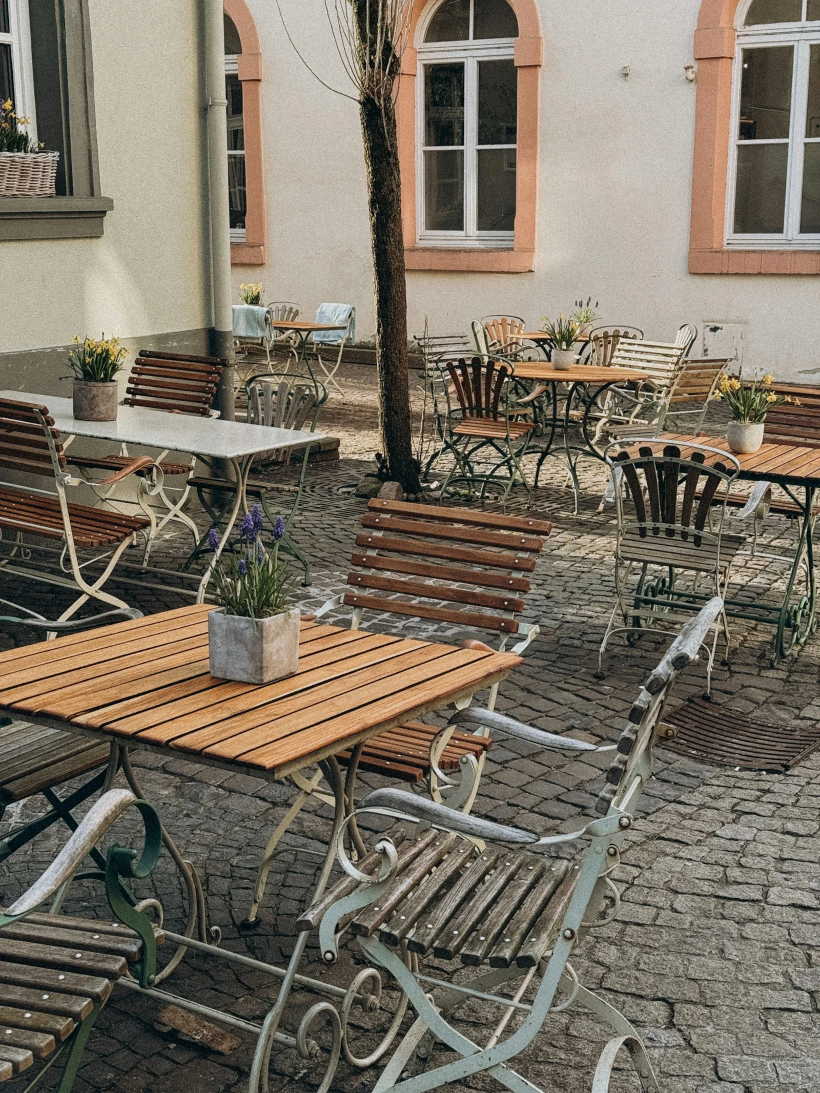 A calm, empty outdoor cafe terrace in natural light, with timber tables, chairs and potted plants beside a shopfront, no people and no signage.