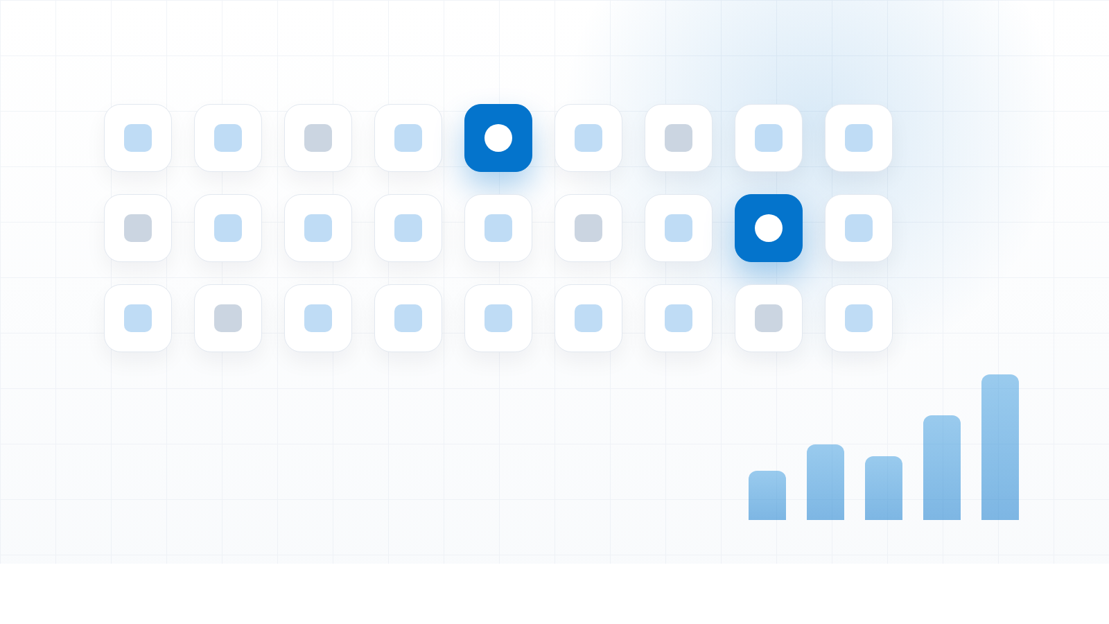 A calm field of rounded tiles standing for businesses, most only lightly tinted and a small number solid blue, beside a small rising bar, showing that AI use is widespread but deep adoption is rare.