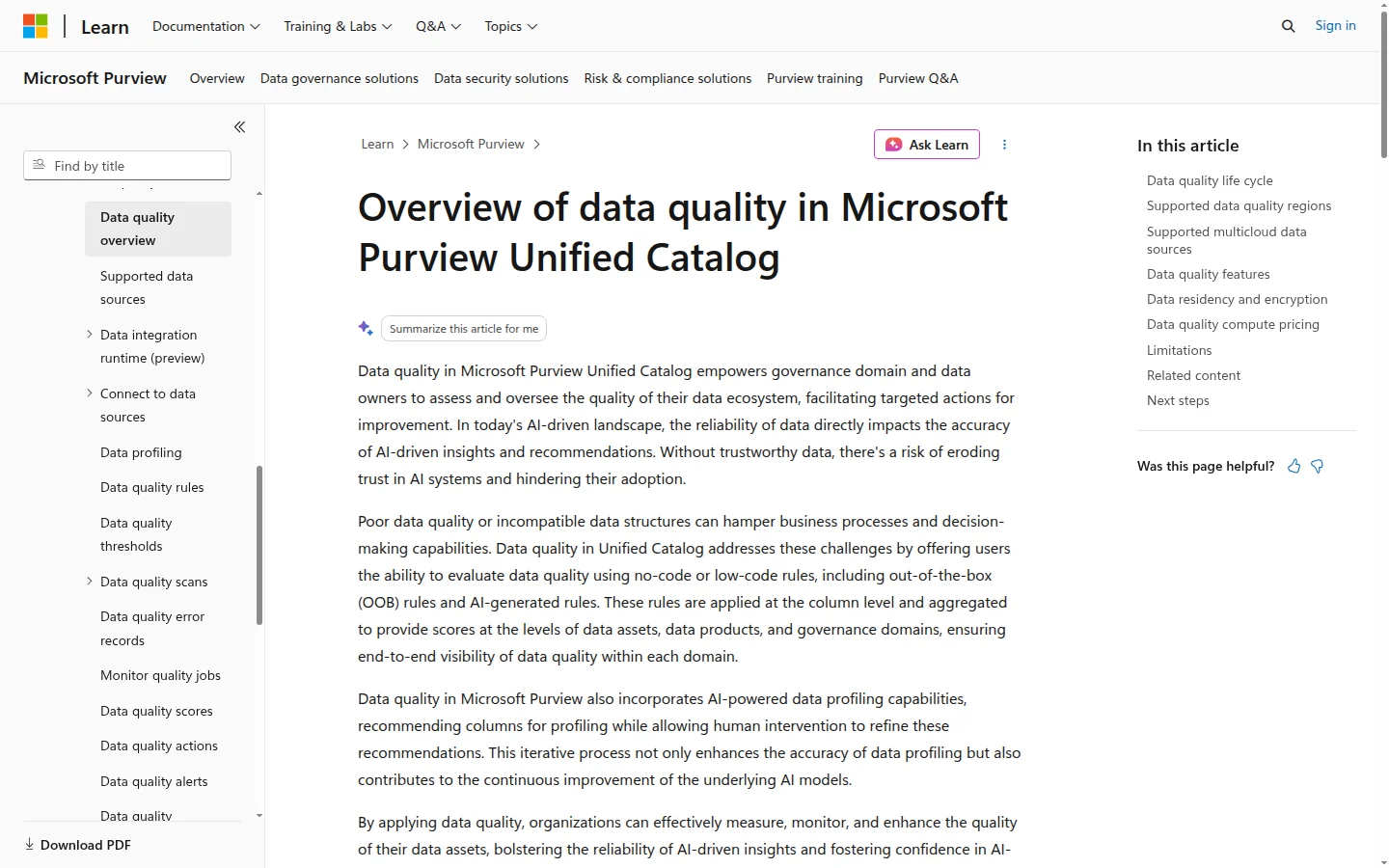 A screenshot of the Microsoft Learn page titled Data Quality in Microsoft Purview Unified Catalog, showing its overview and feature list.