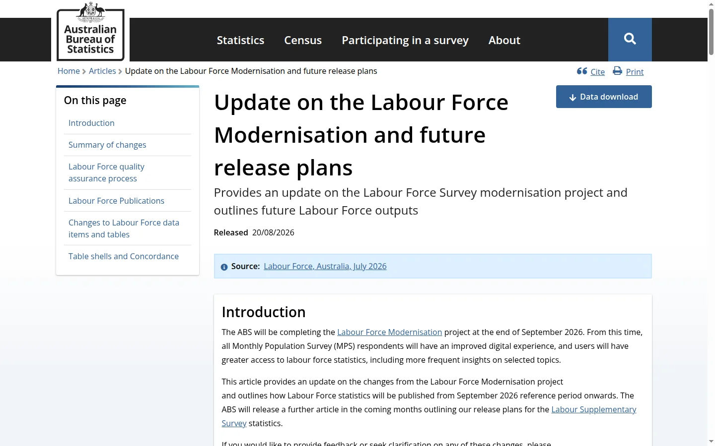 A screenshot of the ABS web page titled Update on the Labour Force Modernisation and future release plans.
