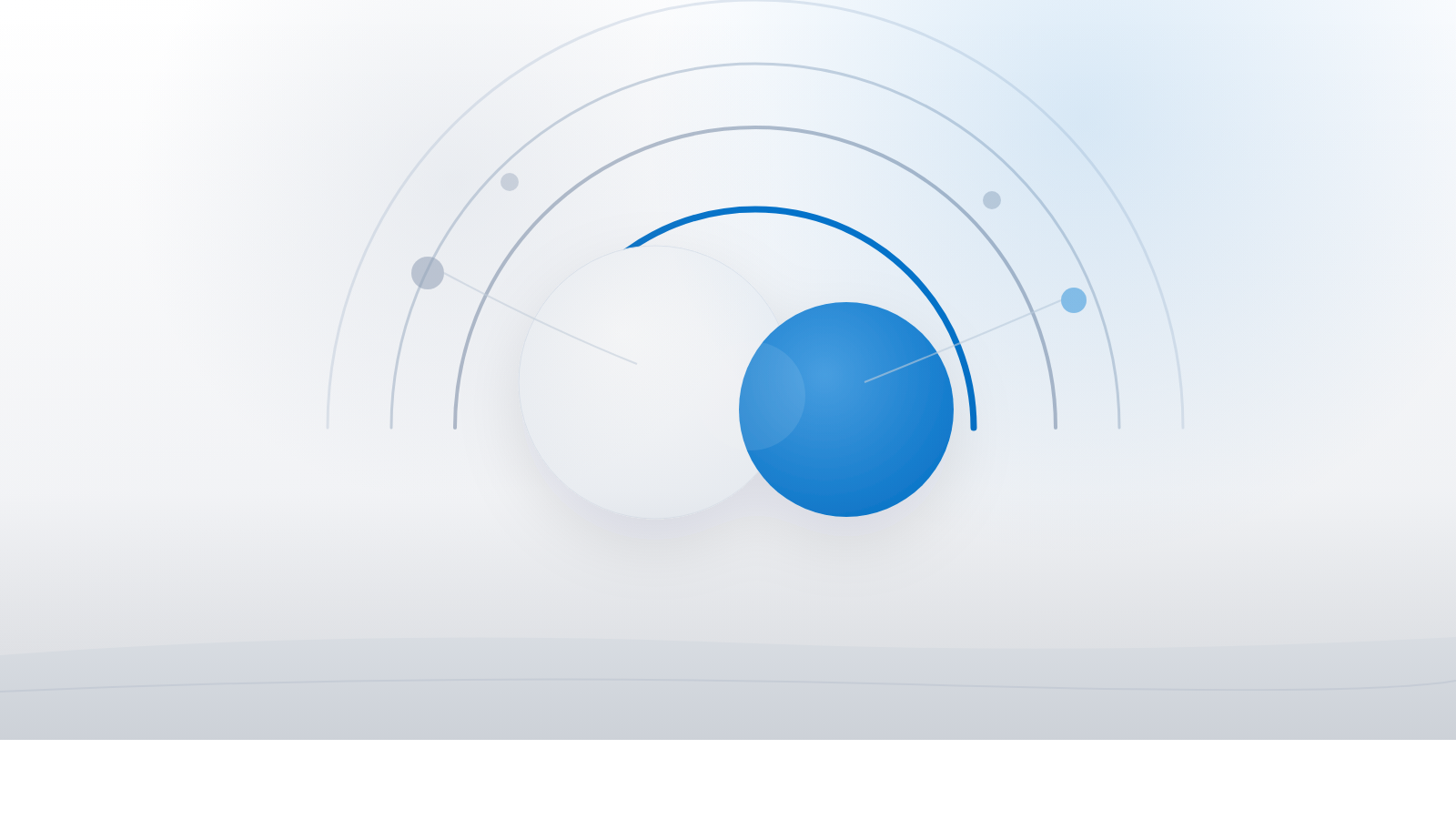 A calm abstract composition: two soft overlapping circles, one in brand blue, cradled by concentric arcs with faint connecting nodes, on a quiet paper background.