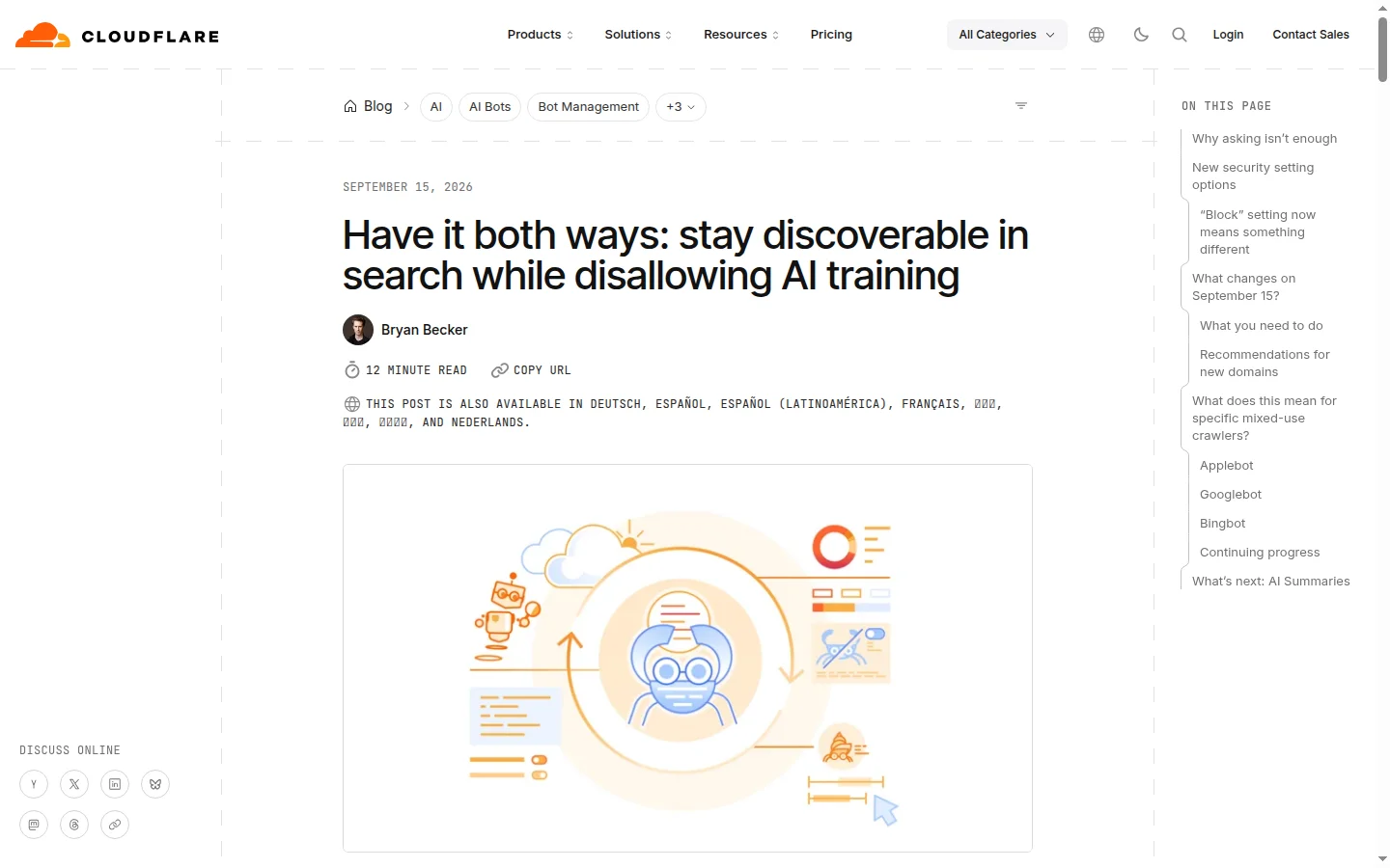 Screenshot of the top of the Cloudflare blog post titled Have it both ways: stay discoverable in search while disallowing AI training, showing the headline and publication date.