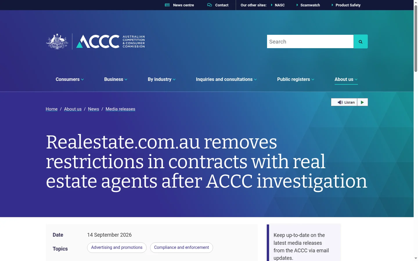 Screenshot of the ACCC media release page announcing that realestate.com.au removes restrictions in contracts with real estate agents, with the headline and the release date visible.