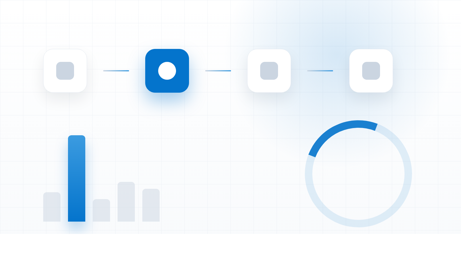 An editorial graphic of connected node tiles with one highlighted in brand blue, above a small cluster of bars with one tall blue bar and a partial progress ring, with no text.